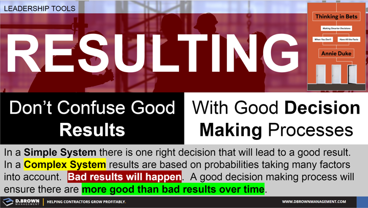 Leadership Tools: Resulting. Don't Confuse Good Results with Good Decision Making Processes. Book: Thinking in Bets by Annie Duke.